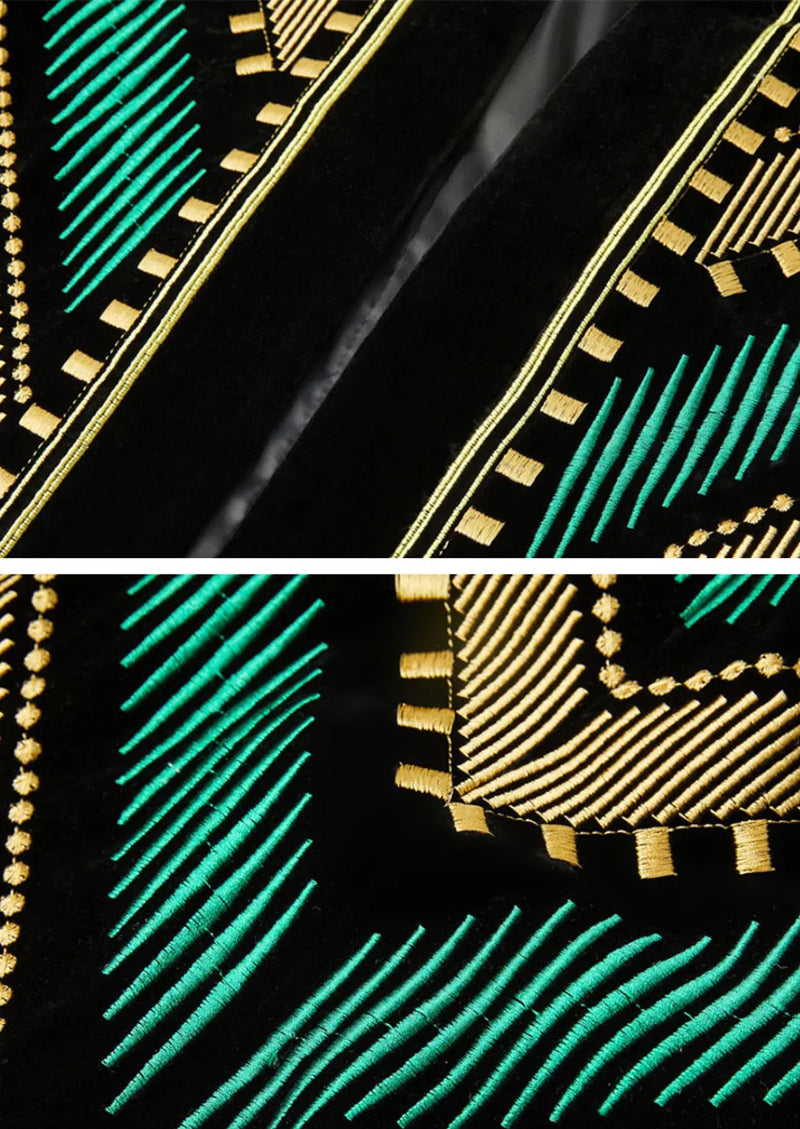 Chaqueta de esmoquin con estampado geométrico verde y dorado bordado para hombre