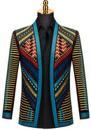 Men's Embroidered Geometric Pattern Blue and Gold Tuxedo