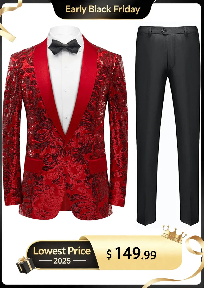 Men's Exquisite Shawl Lapel Floral Sequin Red Tuxedo Jacket