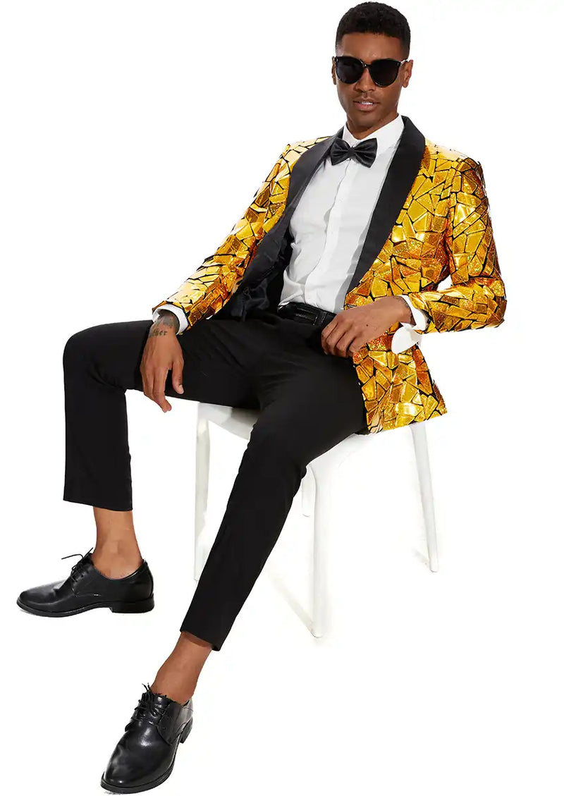 Men's Unique Mirrored Geometric Patchwork Golden Prom Suit Men's Unique Mirrored Geometric Patchwork Golden Prom Suit