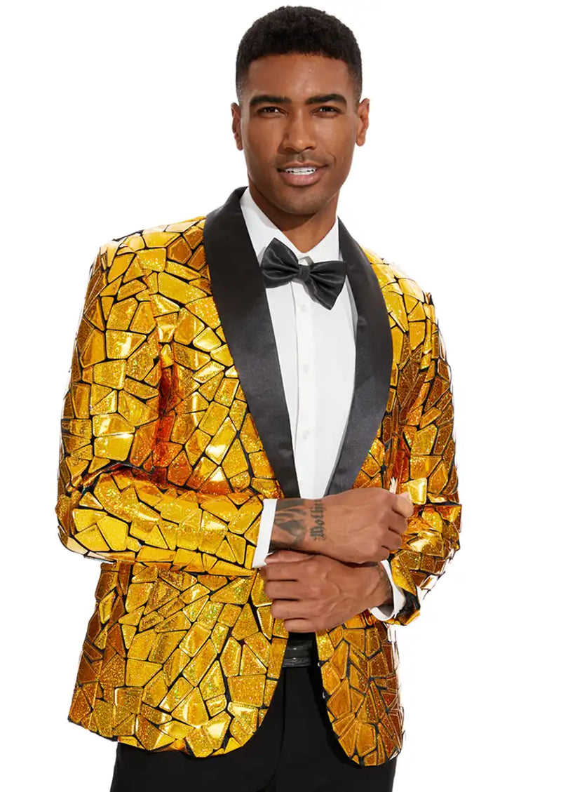 Tuxedo Action Men's Unique Mirrored Geometric Patchwork Golden Prom Suit, Gold / 34R Tuxedo Action Men's Unique Mirrored Geometric Patchwork Golden Prom Suit, Gold / 34R