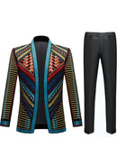 Smoking homme bleu et or à motifs géométriques brodés