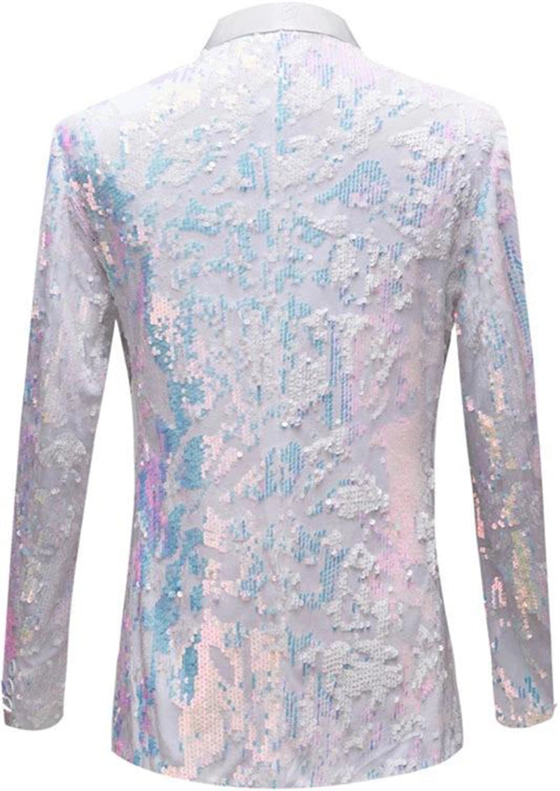 Men's 2-Piece Shawl Lapel in Satin Blue and White Sequin Tuxedo