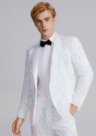 Men's 2-Piece Shawl Lapel in Satin Blue and White Sequin Tuxedo