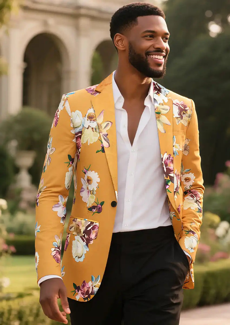 Men's Notched Lapel Yellow Floral Jacquard Blazer Men's Notched Lapel Yellow Floral Jacquard Blazer