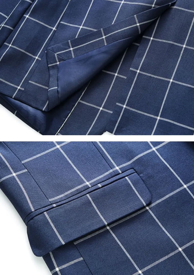 Men’s Slim Fit Navy Plaid One Button Casual Blazer