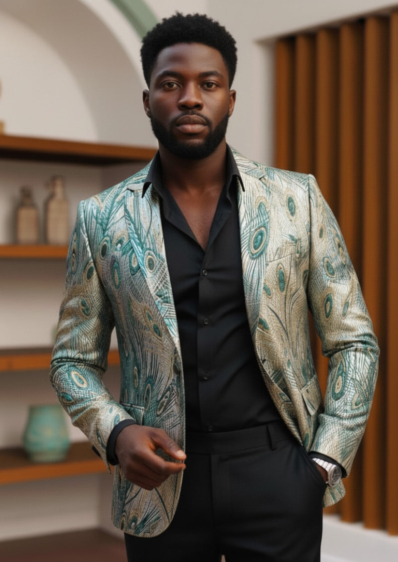 Veste de smoking pour homme en jacquard à plumes de paon et champagne