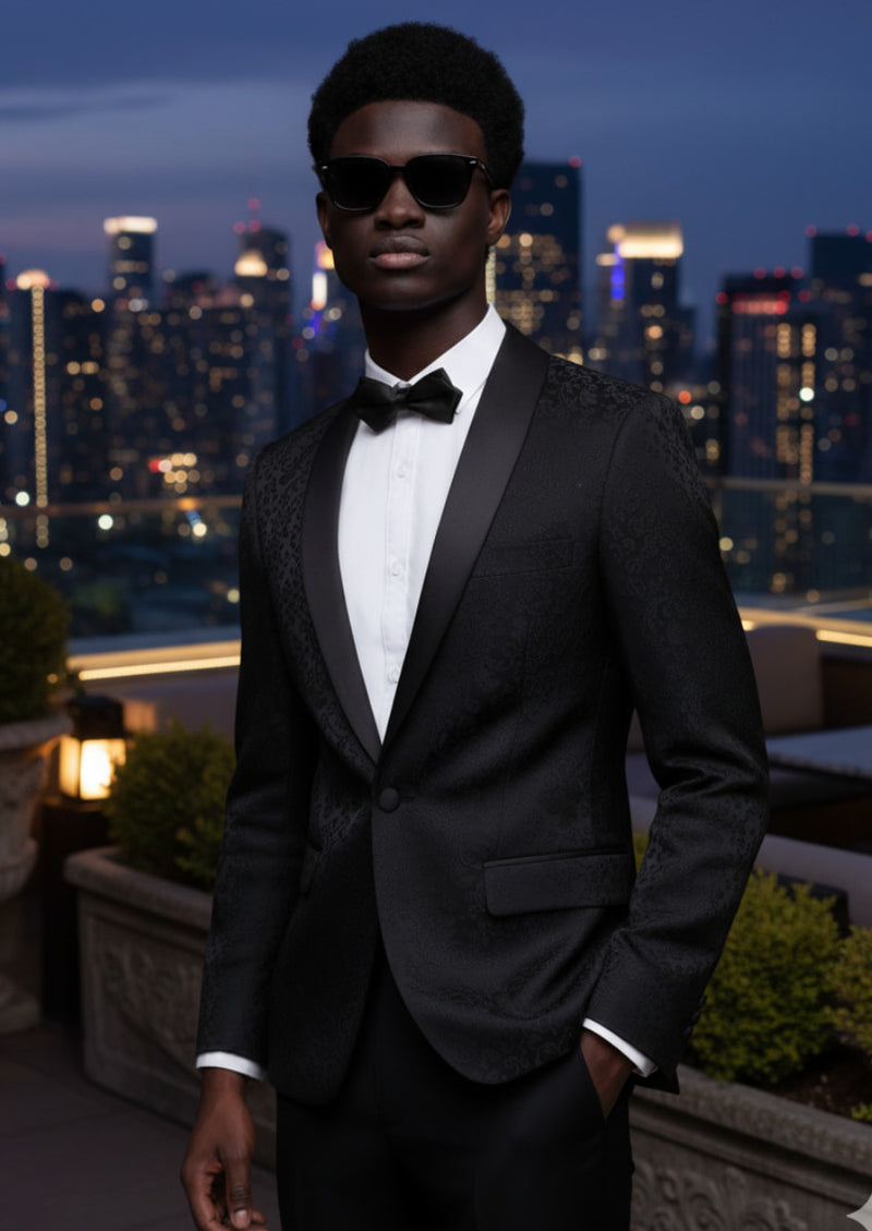 Costume 2 pièces noir pour homme avec broderie jacquard et cachemire