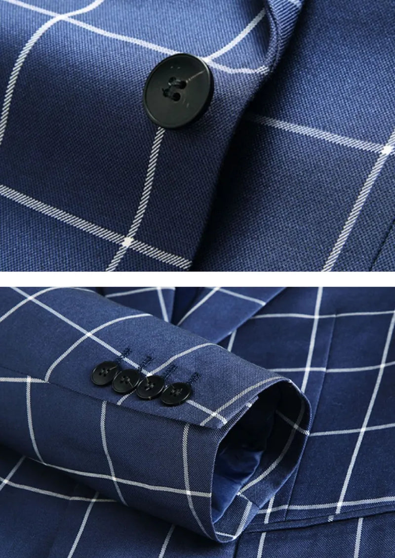 Men’s Slim Fit Navy Plaid One Button Casual Blazer