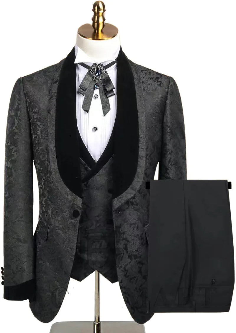 Men's 3-Piece Stacked Shawl Collar Jacquard Black Tuxedo