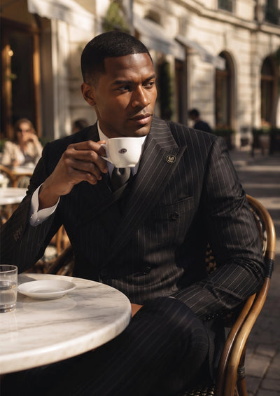 Men's 2-Piece Collar with Decorative Stripe Black Casual Suit