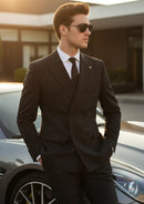 Men's 2-Piece Collar with Decorative Stripe Black Casual Suit