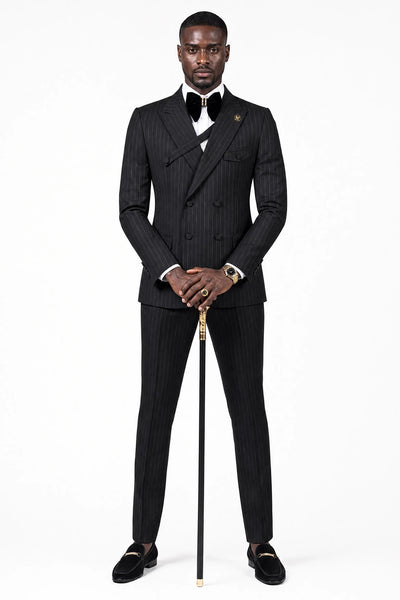 Men's 2-Piece Collar with Decorative Stripe Black Casual Suit