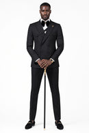 Men's 2-Piece Collar with Decorative Stripe Black Casual Suit