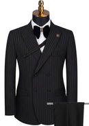 Men's 2-Piece Collar with Decorative Stripe Black Casual Suit