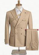 Men's 2-Piece Collar with Decorative Stripe Champagne Casual Suit