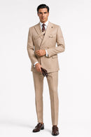 Men's 2-Piece Collar with Decorative Stripe Champagne Casual Suit