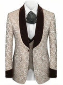 Men's 3-Piece Shawl Collar Leaf Jacquard Beige Tuxedo Set