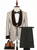 Men's 3-Piece Shawl Collar Leaf Jacquard Beige Tuxedo Set