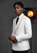 Men’s White Two-Piece Floral Jacquard Tuxedo Set with Hotfix Crystal Shawl Collar