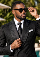 Black Floral Jacquard Tuxedo with Crystal Lapel (2-Piece)