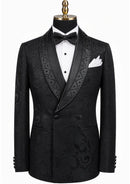 Black Floral Jacquard Tuxedo with Crystal Lapel (2-Piece)