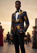 Esmoquin bordado con flores doradas y azules estilo pintura al óleo para hombre