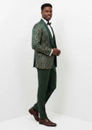 Men's 3-Piece Vintage Style Gold Damask Jacquard Green Suit