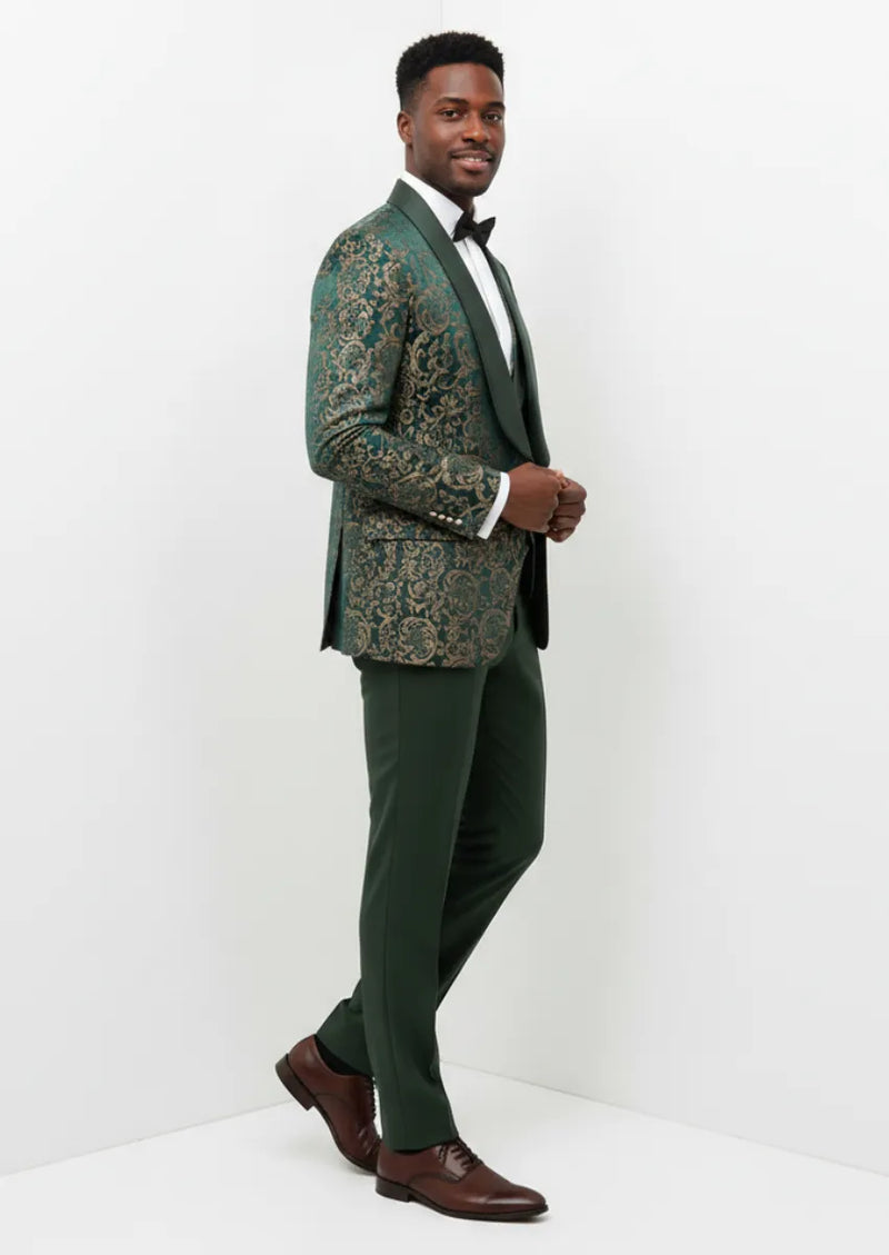 Vintage-Style 3-Piece Gold Floral Jacquard Green Suit