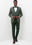 Men's 3-Piece Vintage Style Gold Damask Jacquard Green Suit