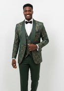 Men's 3-Piece Vintage Style Gold Damask Jacquard Green Suit