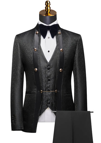 Men's 3-Piece Traditional Collar Black Paisley Fitted Party Tuxedo