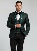 Costume de soirée ajusté 3 pièces pour homme, col traditionnel, motif cachemire vert