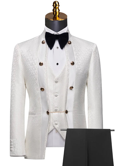 Men's 3-Piece Traditional Collar White Paisley Fitted Party Suit