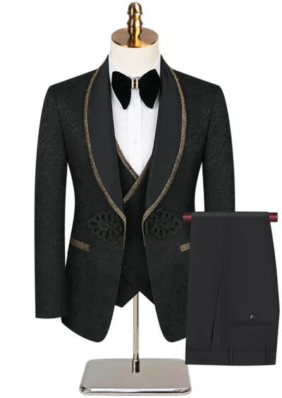 Men's 3-Piece Floral Jacquard Black Tuxedo With Shawl Lapel