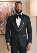 Men's 3-Piece Floral Jacquard Black Tuxedo With Shawl Lapel