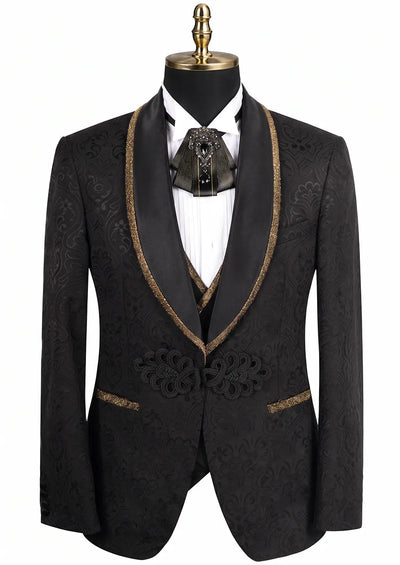 Men's 3-Piece Floral Jacquard Black Tuxedo With Shawl Lapel