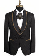 Men's 3-Piece Floral Jacquard Black Tuxedo With Shawl Lapel