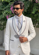 Men’s 3-Piece White Jacquard  Tuxedo with Shawl Lapel