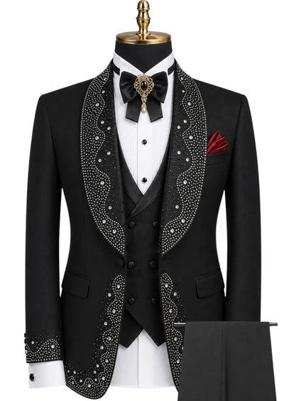 Men's Rhinestone Embellishments 3-Piece Wedding Black Tuxedo