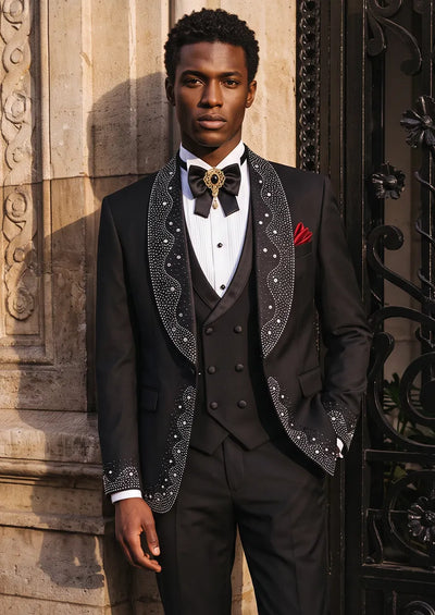 Slim Fit Black Crystal-Studded Tuxedo (3-Piece)