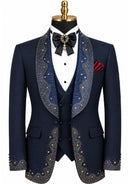 Men's 3-Piece Rhinestone Embellishments Wedding Navy Tuxedo