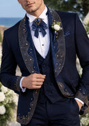 Men's 3-Piece Rhinestone Embellishments Wedding Navy Tuxedo
