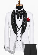 Men's Three-Piece Rhinestone Embellishments Wedding White Tuxedo