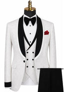 Men's 3-Piece Shawl Collar Leaf Jacquard White Tuxedo Set