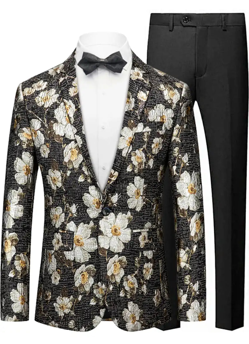 Men's Black Blazer with White Blooming Flower Embroidery and Notched Lapel
