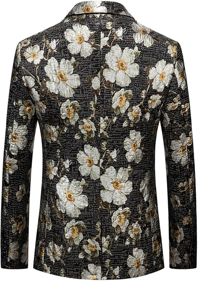 Men's Black Blazer with White Blooming Flower Embroidery and Notched Lapel