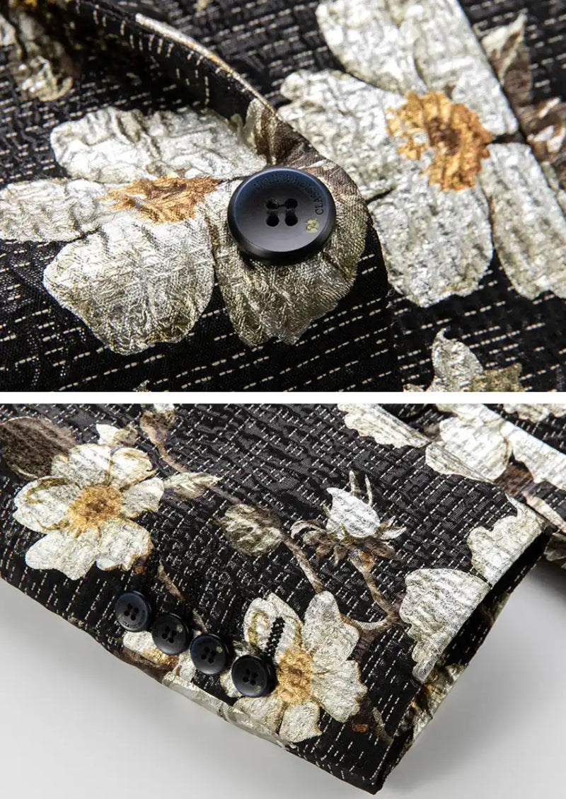 Men's Black Blazer with White Blooming Flower Embroidery and Notched Lapel