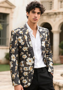 Pintura al óleo para hombre con flores blancas florecientes bordadas y blazer negro