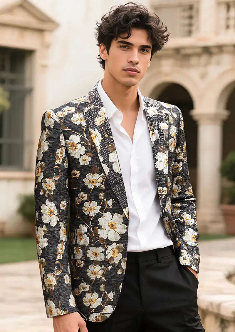 Men's Black Blazer with White Blooming Flower Embroidery and Notched Lapel